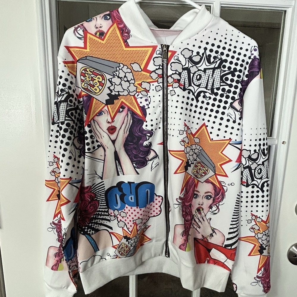 Pop Art Comic Print Zip Up Bomber Jacket Womens XL Streetwear Graphic